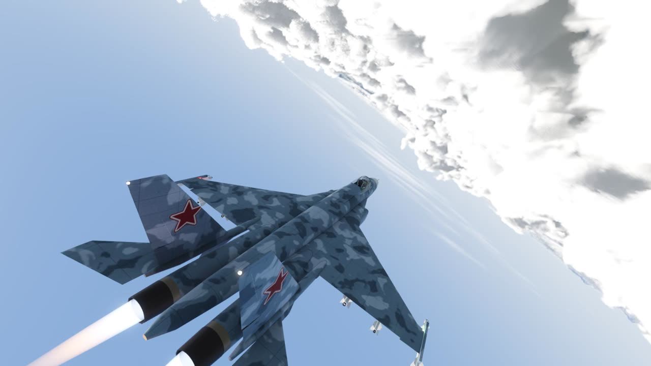 A Su-27 rolling through scattered cumulus