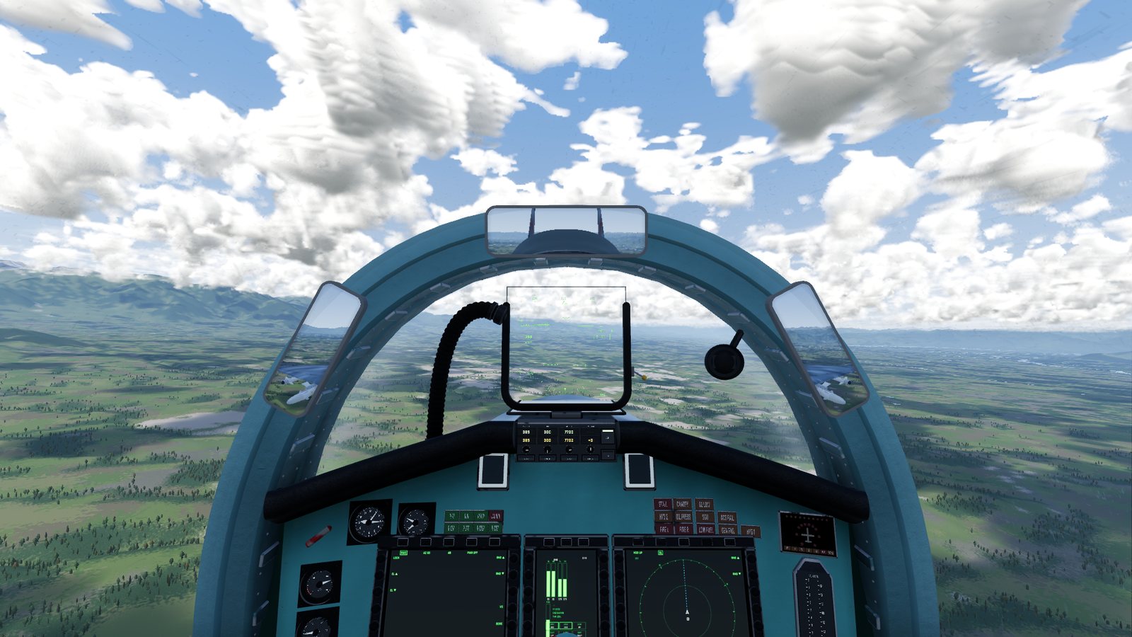 The cockpit camera view in FlightOut: the Su-27 instrument panel, HUD and canopy frame over the Kashmir valley