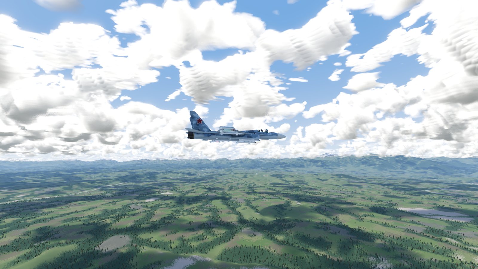 The orbit camera view in FlightOut: a Su-27 seen from the side with the horizon level, over the Kashmir valley
