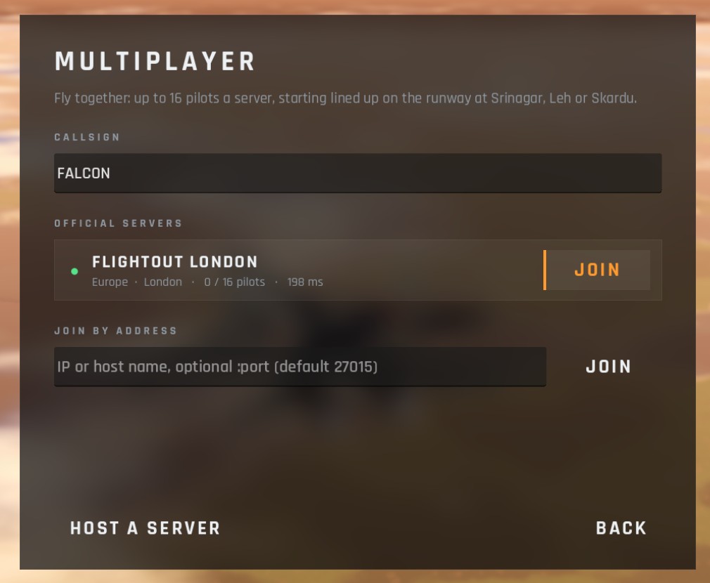 The FlightOut Multiplayer screen with a callsign field, the official FlightOut London server with its JOIN button, join by address, and HOST A SERVER