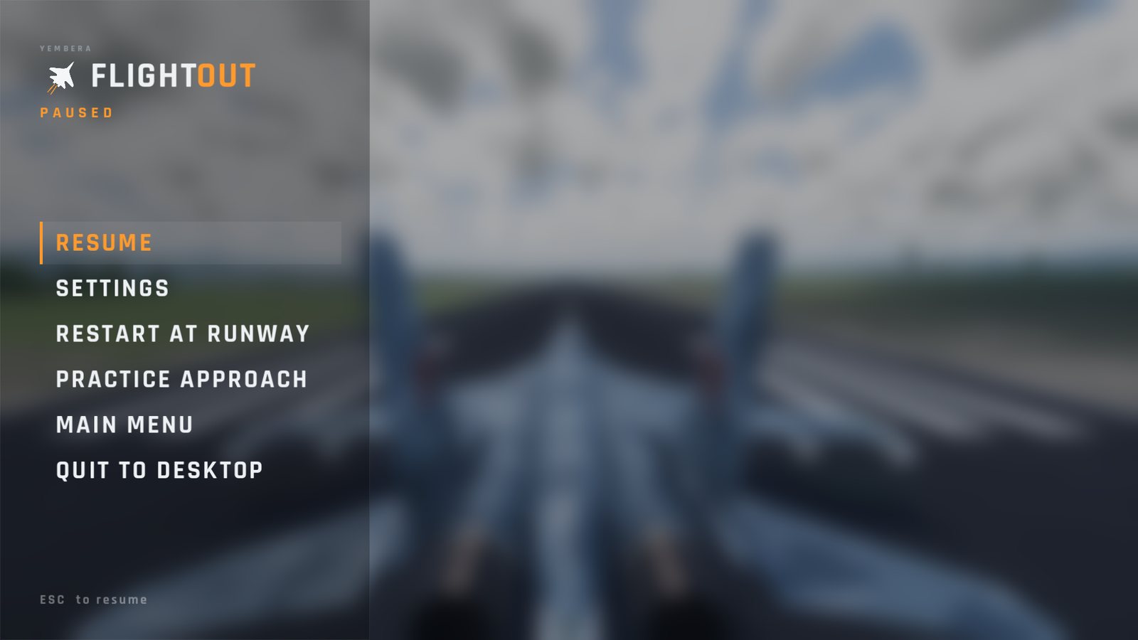 The FlightOut pause menu over a blurred cockpit view, with RESUME, SETTINGS, RESTART AT RUNWAY, PRACTICE APPROACH, MAIN MENU and QUIT TO DESKTOP
