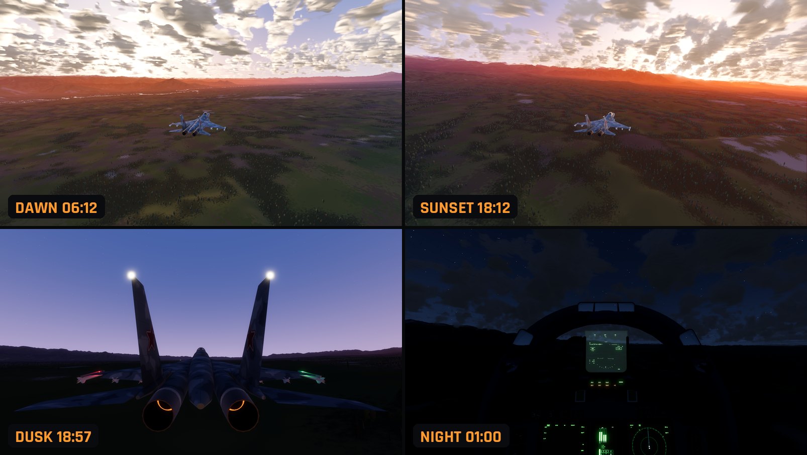 A Su-27 over the Kashmir valley at four times of day in FlightOut: dawn, sunset, dusk with the navigation lights on, and night in the cockpit