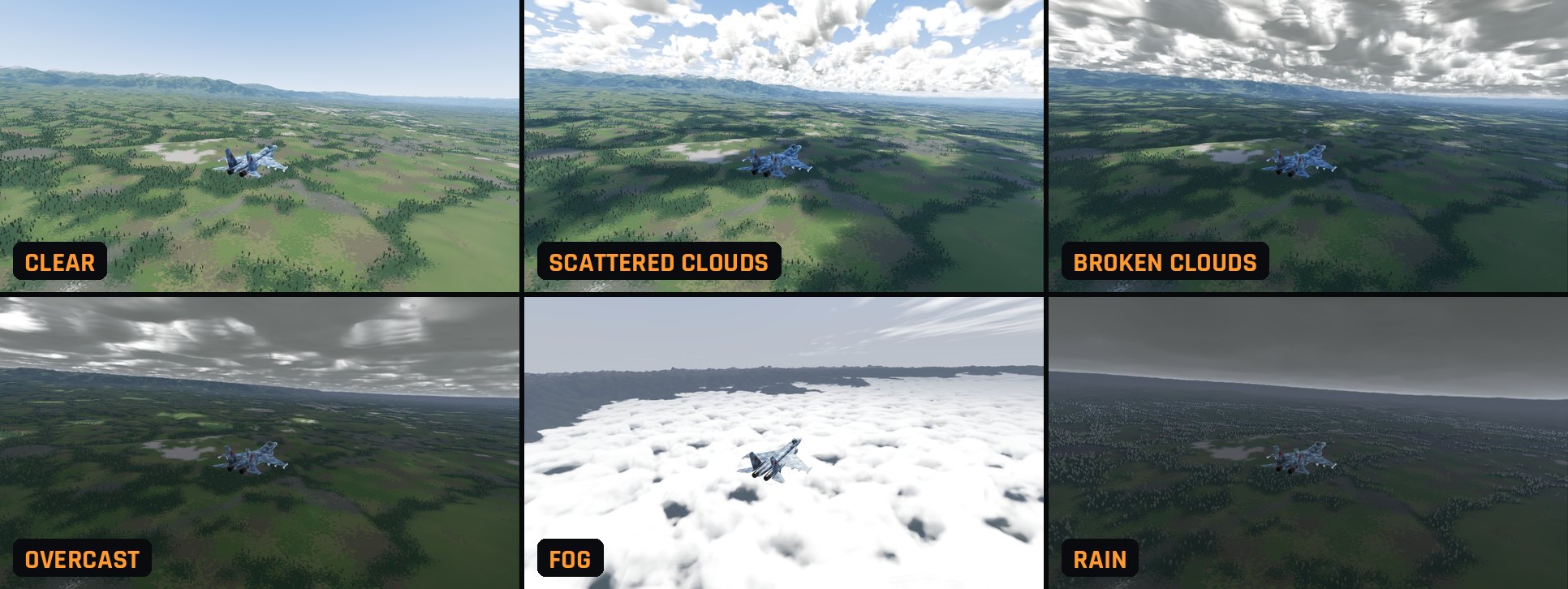 The six sky conditions in FlightOut compared over the Kashmir valley: clear, scattered clouds, broken clouds, overcast, fog filling the valley, and rain