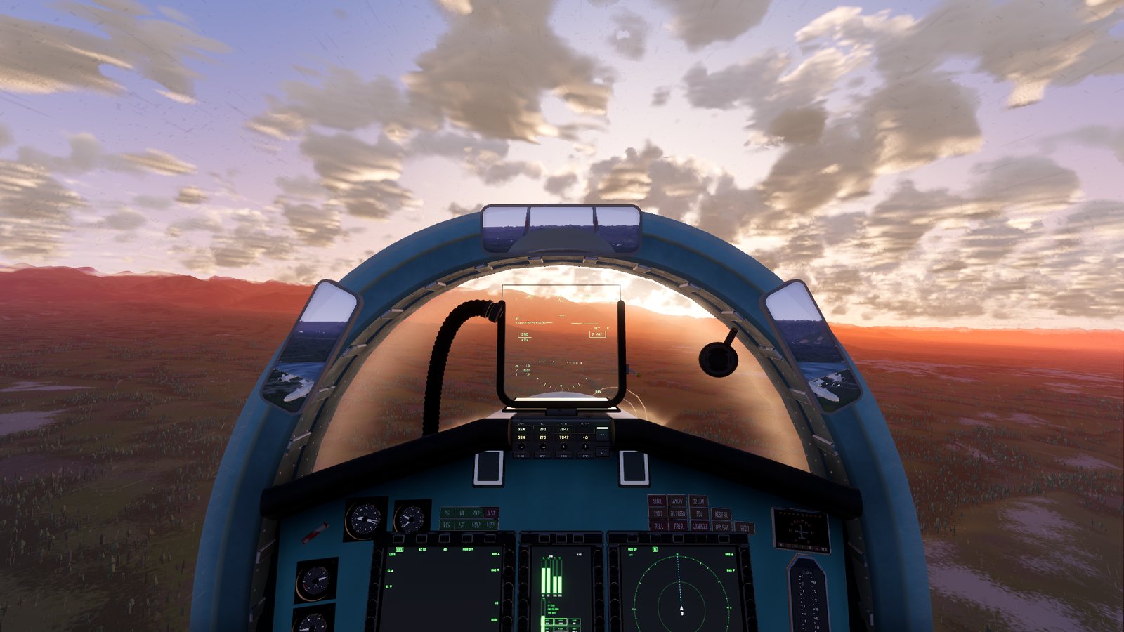 The Su-27 cockpit at sunset over Kashmir in FlightOut, the sun low behind the HUD and the instrument panel lit