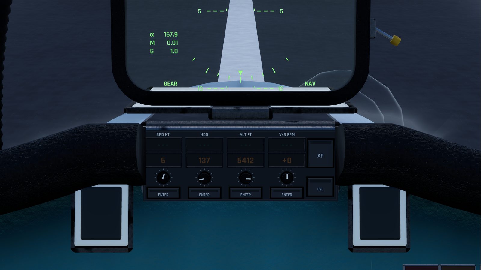 The autopilot panel under the HUD in the Su-27 cockpit in FlightOut, with speed, heading, altitude and vertical speed windows, knobs and ENTER buttons