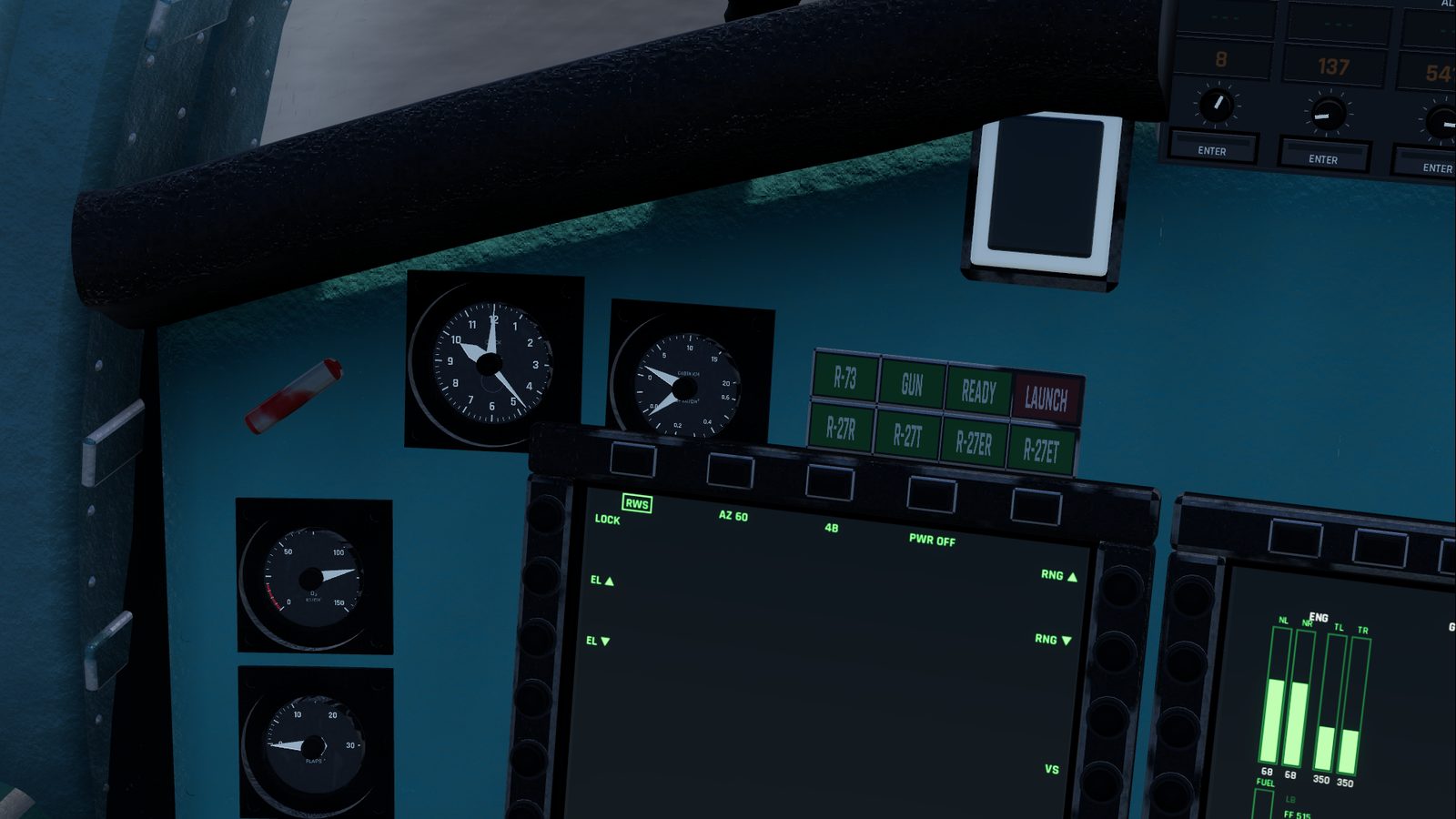 The upper left of the Su-27 front panel in FlightOut with the clock, the cabin pressure gauge and the green weapon lamps