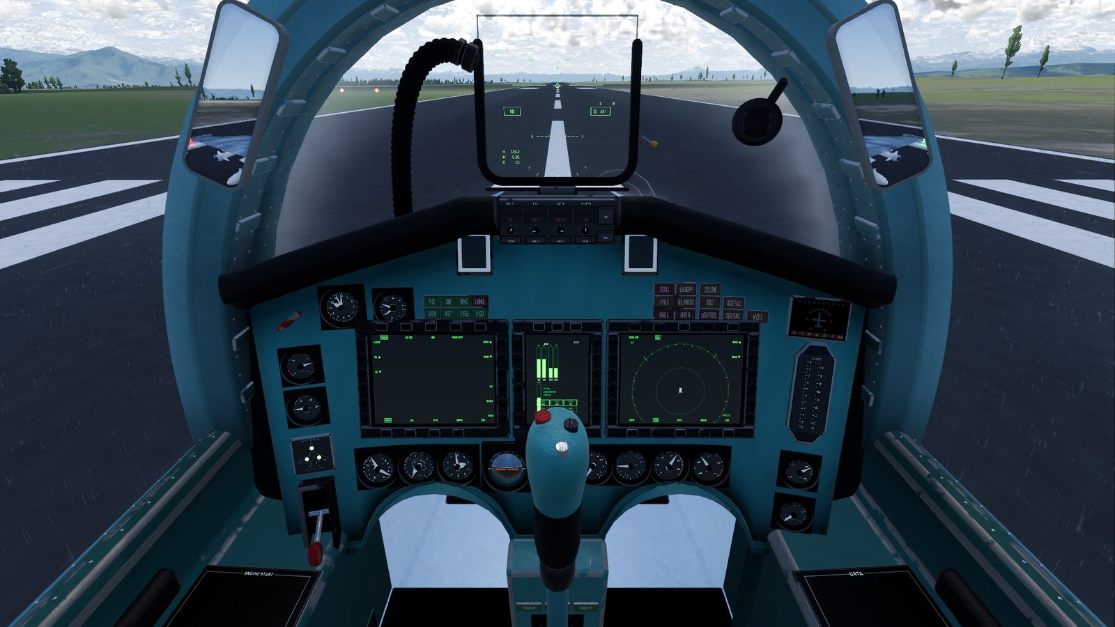 The Su-27 front instrument panel in FlightOut: the HUD on top, the autopilot panel below it, three displays across the middle and the round standby gauges underneath
