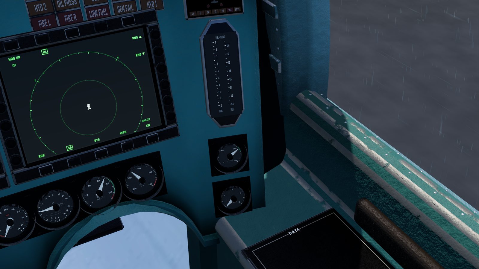 The right column of the Su-27 front panel in FlightOut: the fuel tapes, the hydraulic pressure gauge and the brake pressure gauge