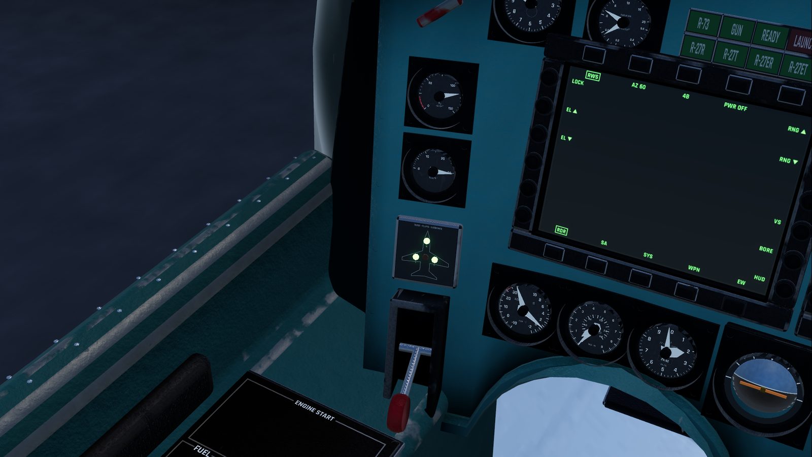 The left column of the Su-27 front panel in FlightOut: the oxygen and flaps gauges, the three green gear lamps and the red gear lever