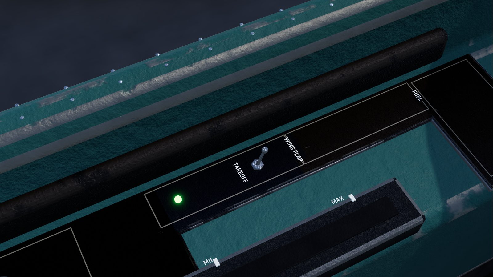 The left console of the Su-27 cockpit in FlightOut with the WING FLAP panel and its TAKEOFF switch, and the throttle in its slot marked IDLE, MIL and MAX