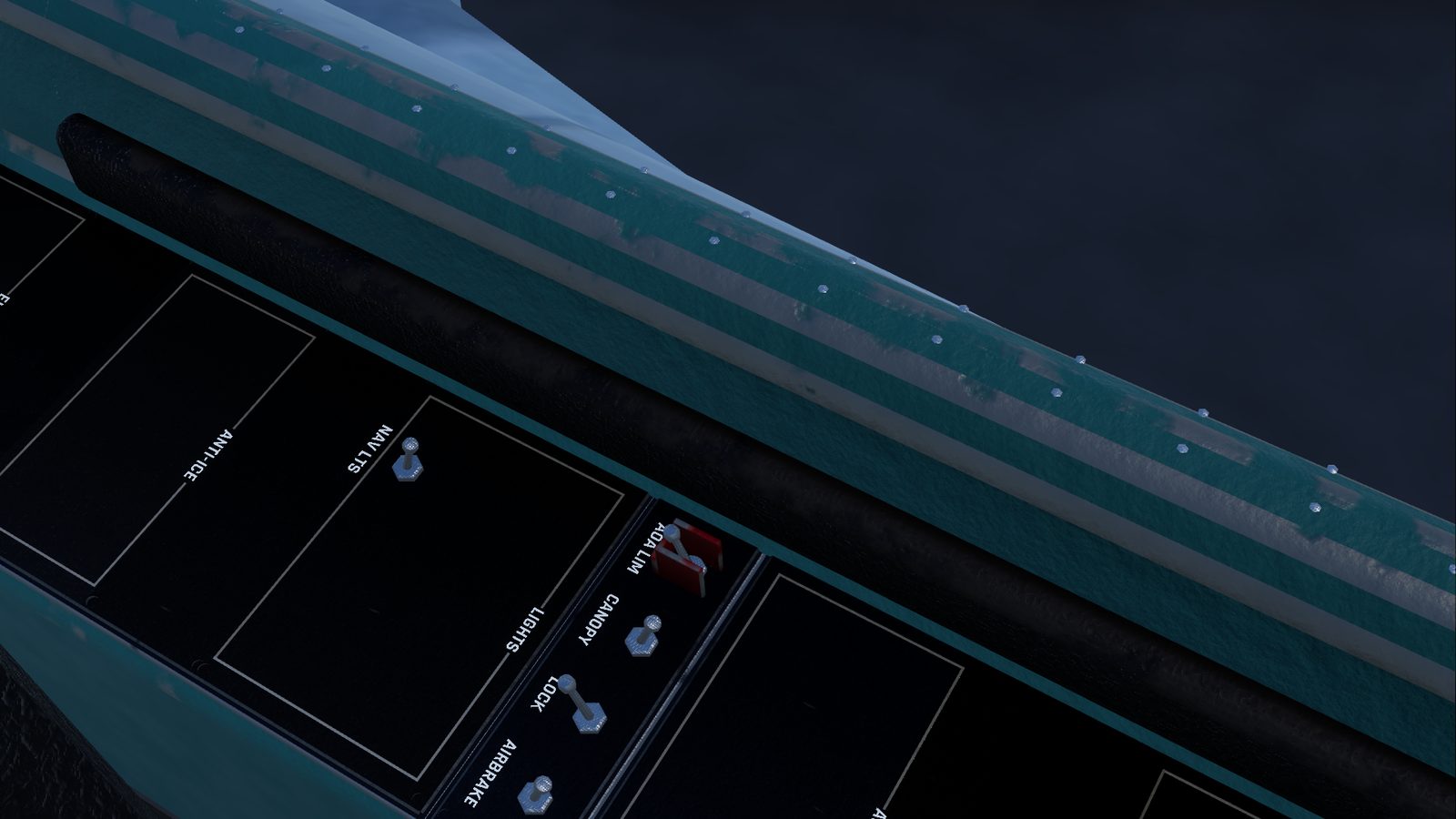 The flight controls strip on the Su-27's left console in FlightOut, with the AOA LIM switch under its red guard