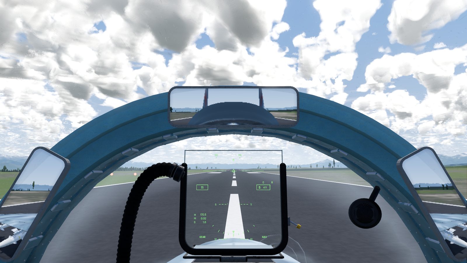 The rear-view mirrors on the front canopy frame of the Su-27 in FlightOut, reflecting the cockpit and the sky behind