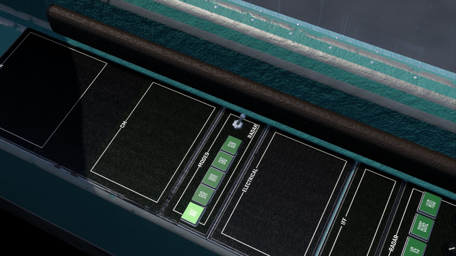 The MODES panel on the Su-27's right console in FlightOut, with lit master mode buttons NAV, BVR, WVR, GND and GUN and the RADAR power switch