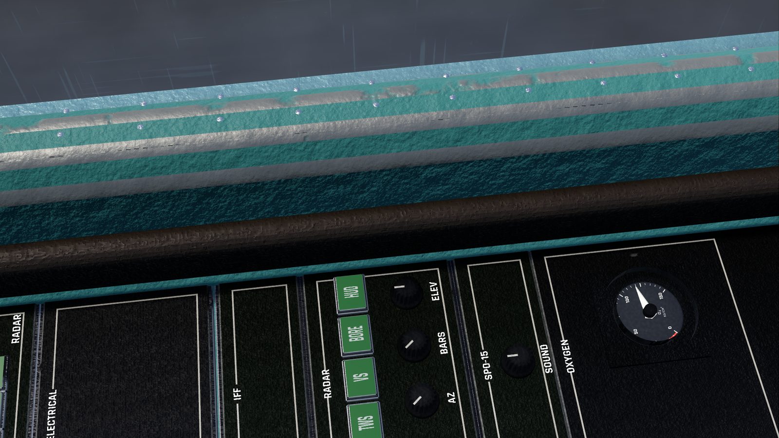 The RADAR panel on the Su-27's right console in FlightOut, with radar mode buttons and the RANGE, AZ, BARS and ELEV knobs