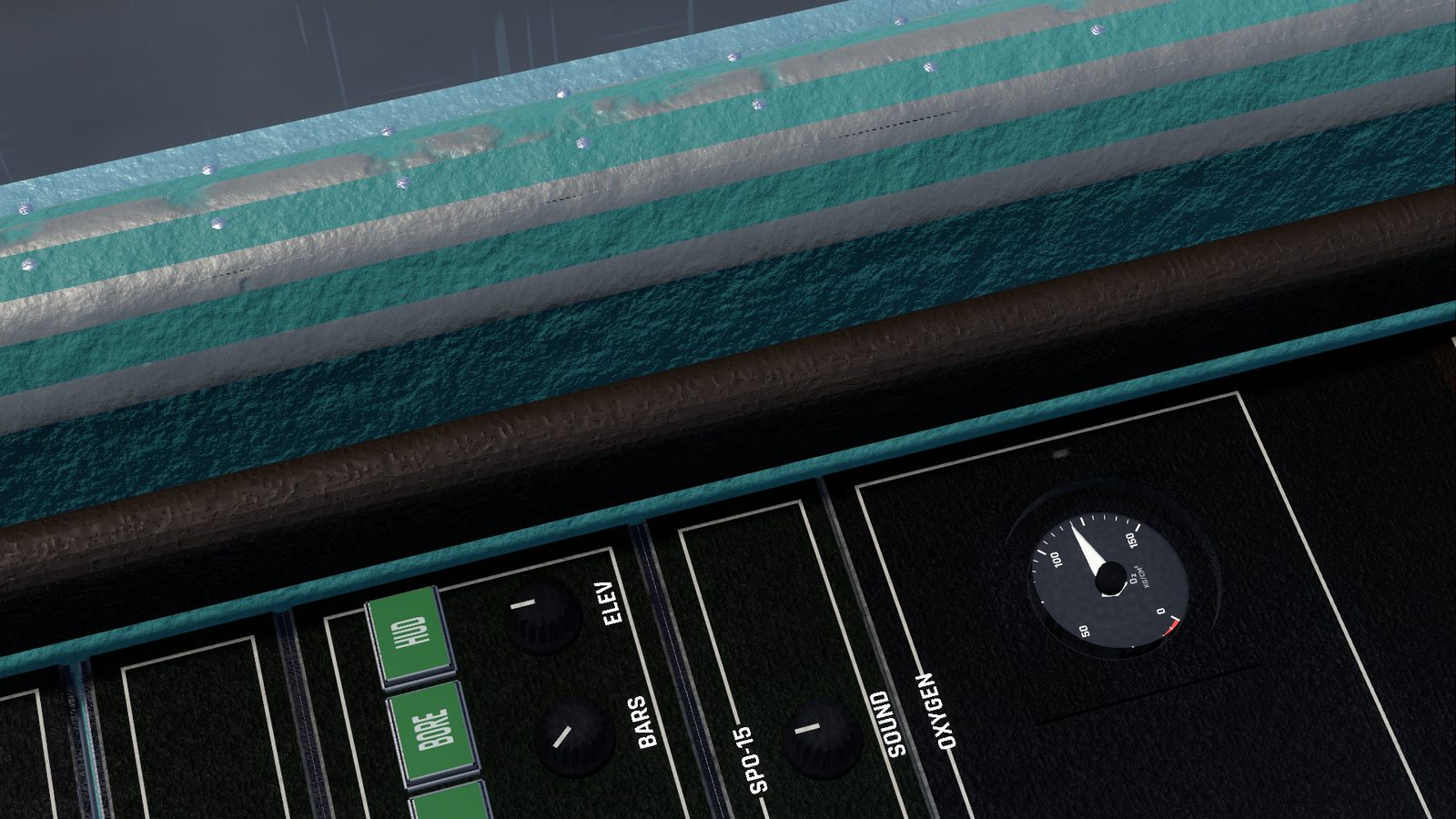 The SPO-15 SOUND knob on the right console of the Su-27 cockpit in FlightOut, next to the radar knobs and the oxygen gauge