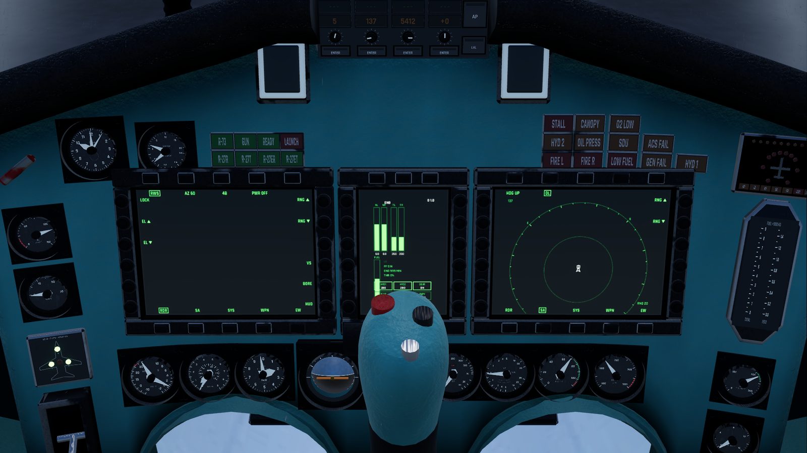The three displays in the Su-27 cockpit in FlightOut, showing the radar, situation and systems pages