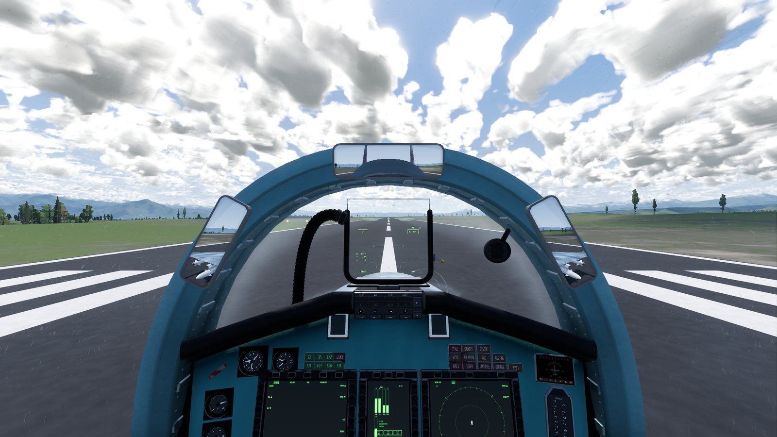 The Su-27 cockpit view on the runway at Srinagar in FlightOut, with the HUD, the instrument panel and the runway centreline ahead