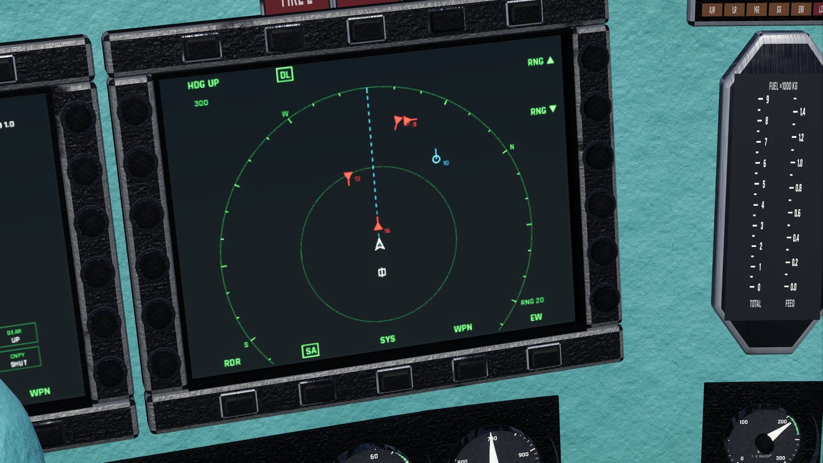 The Su-27 situation awareness display in FlightOut: own jet at the bottom, compass ring, range rings and radar contacts as triangles with course lines