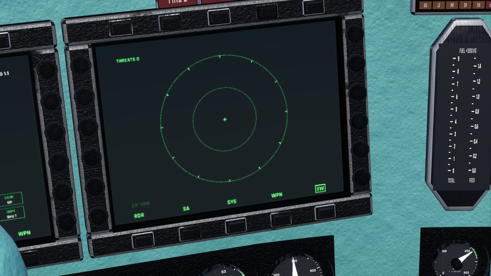 The Su-27 electronic warfare display in FlightOut: a round threat display with the jet at the centre