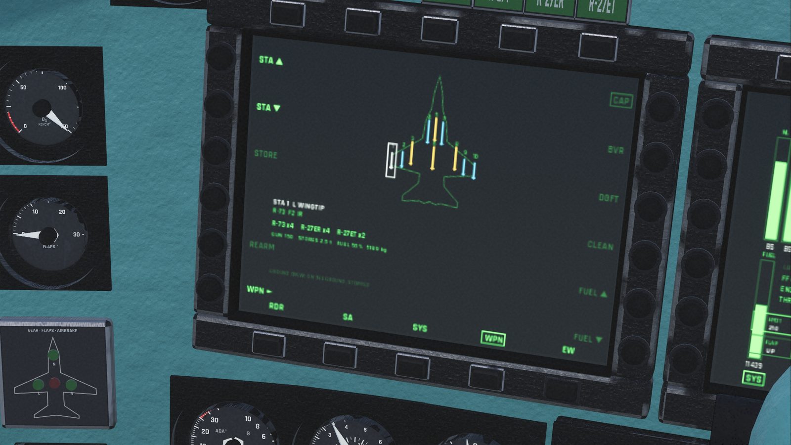 The Su-27 weapons display in FlightOut: a top view of the jet with its ten weapon stations, the missiles loaded, the load-out presets and the fuel buttons