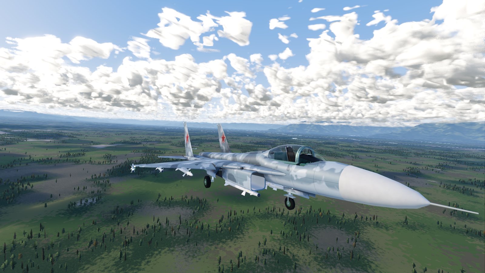 A Su-27 with its landing gear down on a practice approach over the Kashmir valley in FlightOut