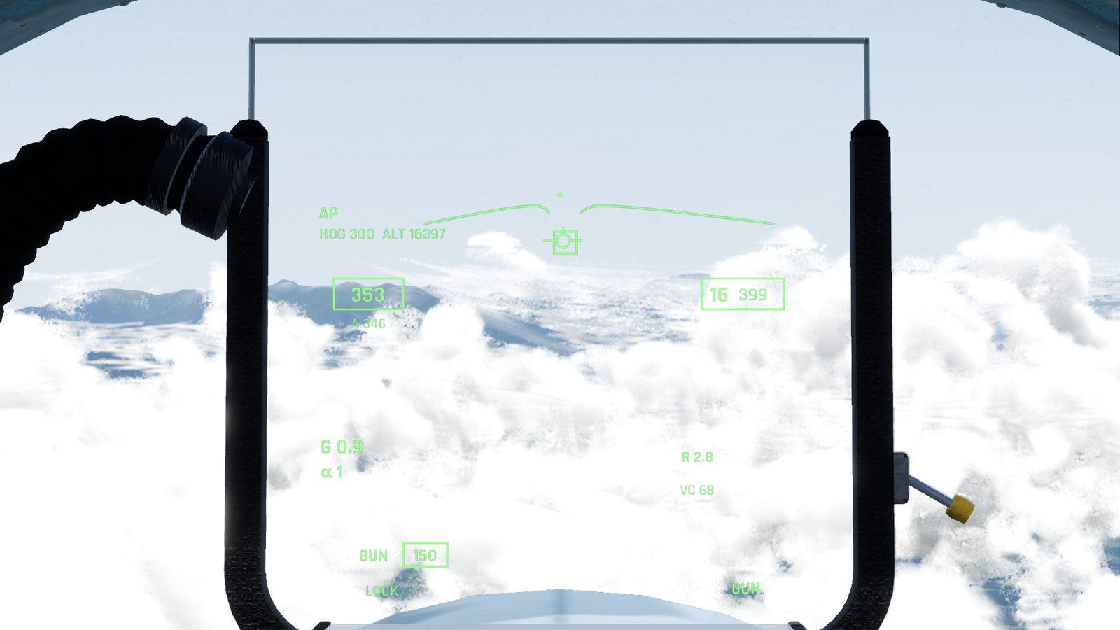 The Su-27 HUD in GUN mode in FlightOut with a target locked but still out of gun range: the funnel at the top, GUN 150 rounds and the target's range and closure