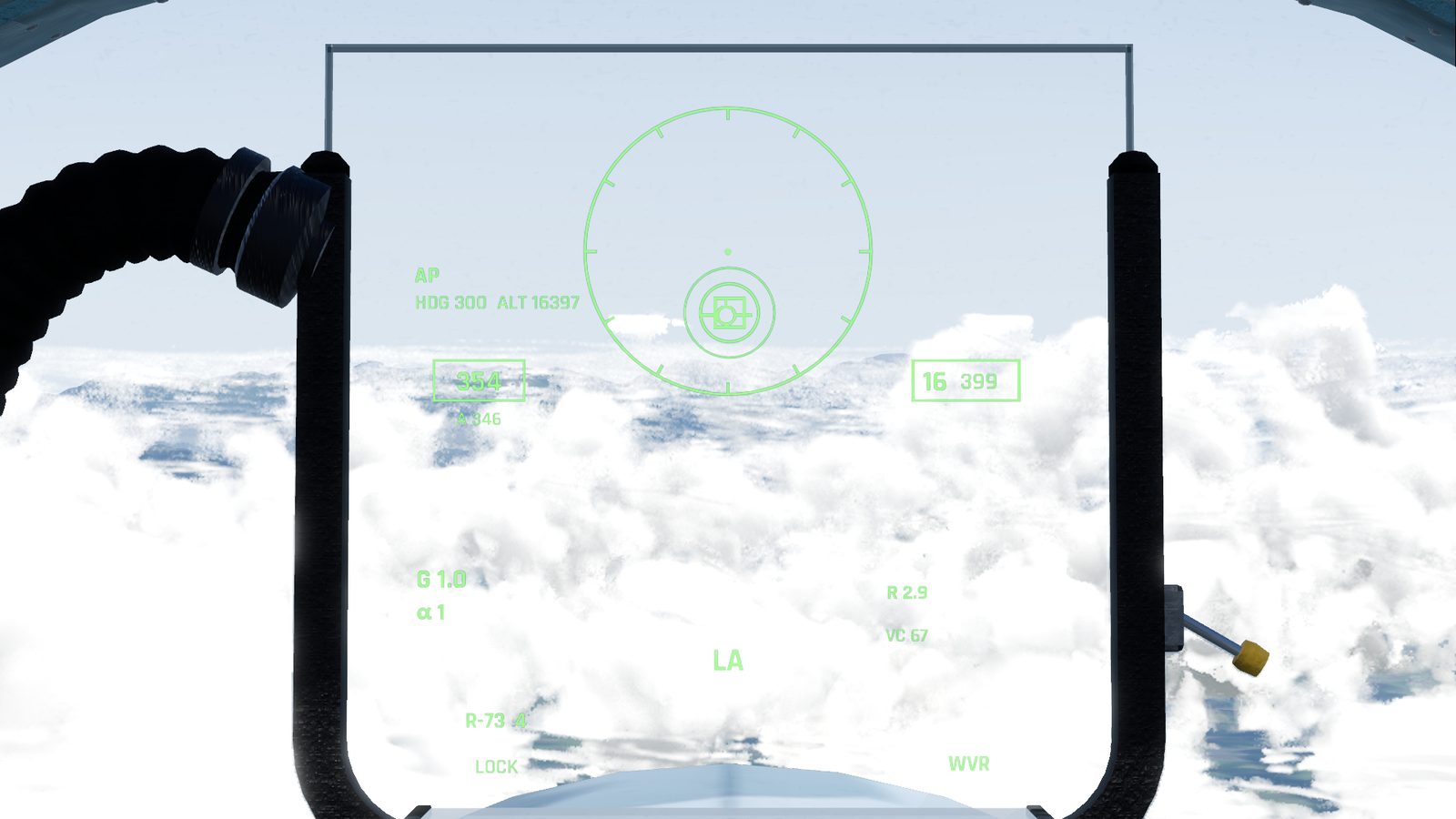 The Su-27 HUD in WVR mode in FlightOut with a target locked by the close combat radar: the aiming circle, the target box, range and closure, LA and the selected R-73