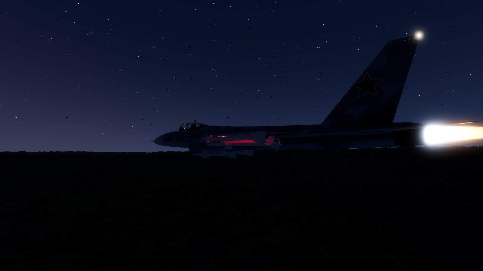 A Su-27 Flanker at dusk in FlightOut with its navigation lights on: a white light on top of the tail and the red wingtip light glowing on the missiles