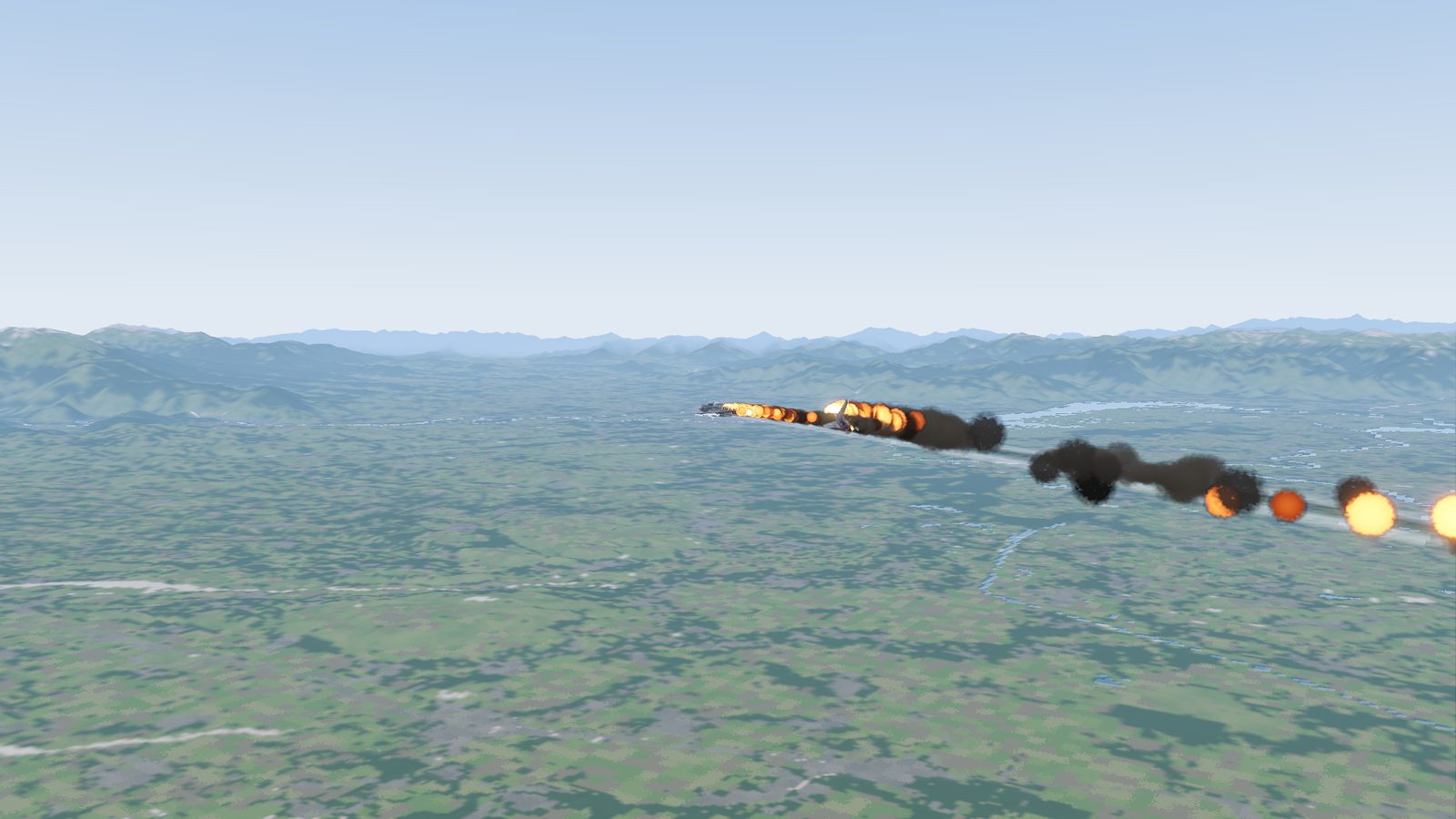 A Su-27 just hit by an R-73 in FlightOut, burning from the tail and trailing fire and black smoke