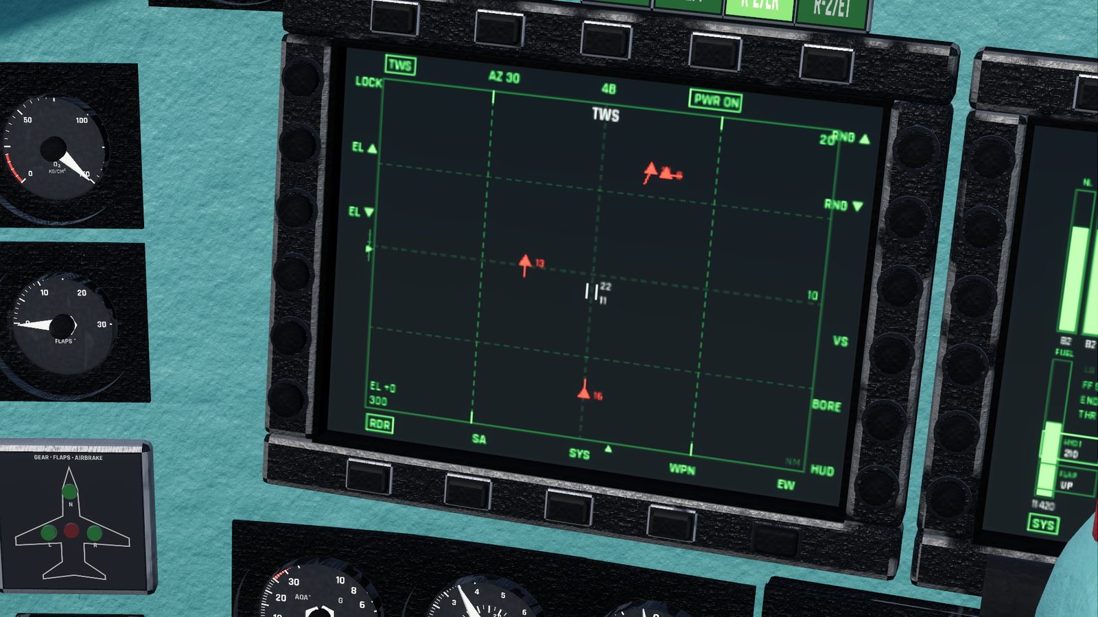 The Su-27 radar display in TWS mode in FlightOut: red triangles with course lines for each tracked aircraft, the scan narrowed to 30 degrees