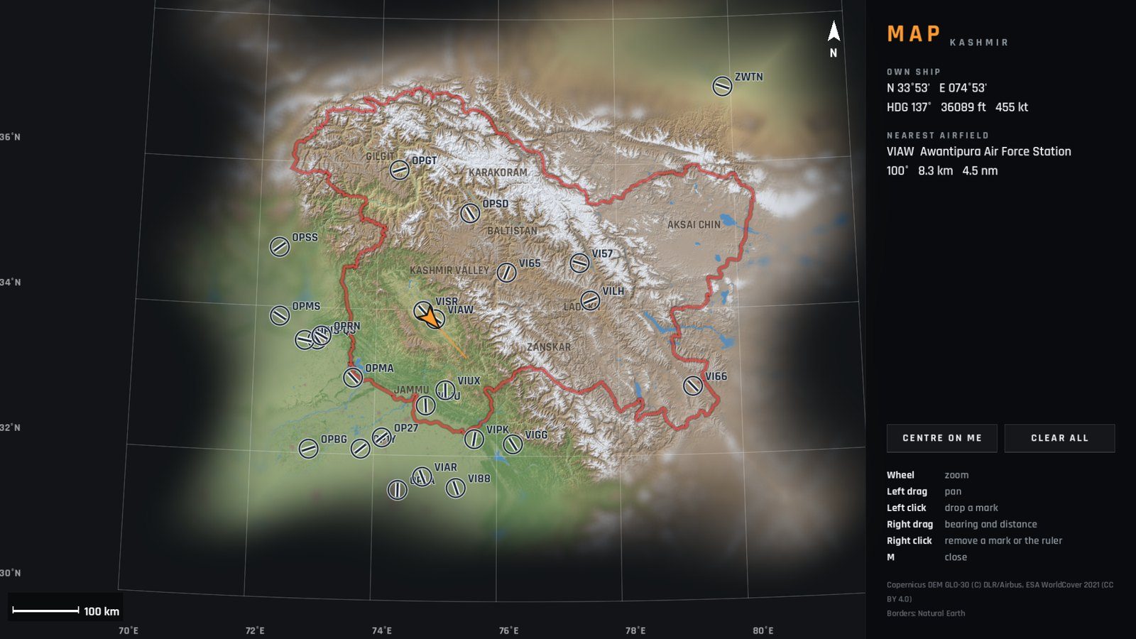 The map screen showing Kashmir and the jet's position